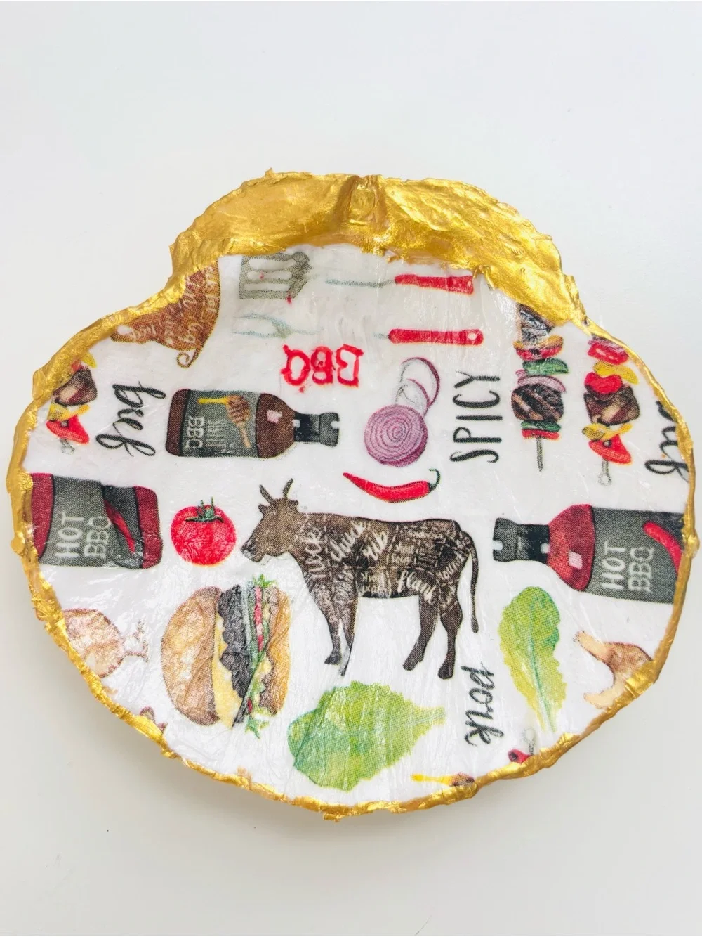 Handcrafted Scallop Shell Trinket Dish w/Grill Decoupage Design